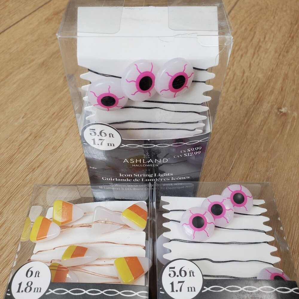 Lot of 3 Halloween Icon LED String Lights Garland Candy Corn Eyeballs Ashland